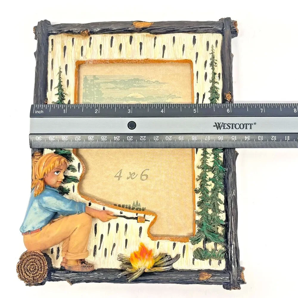 Vintage Wilcor 4x6 Photo Frame Hand Painted Camping Girl with Campfire Rustic